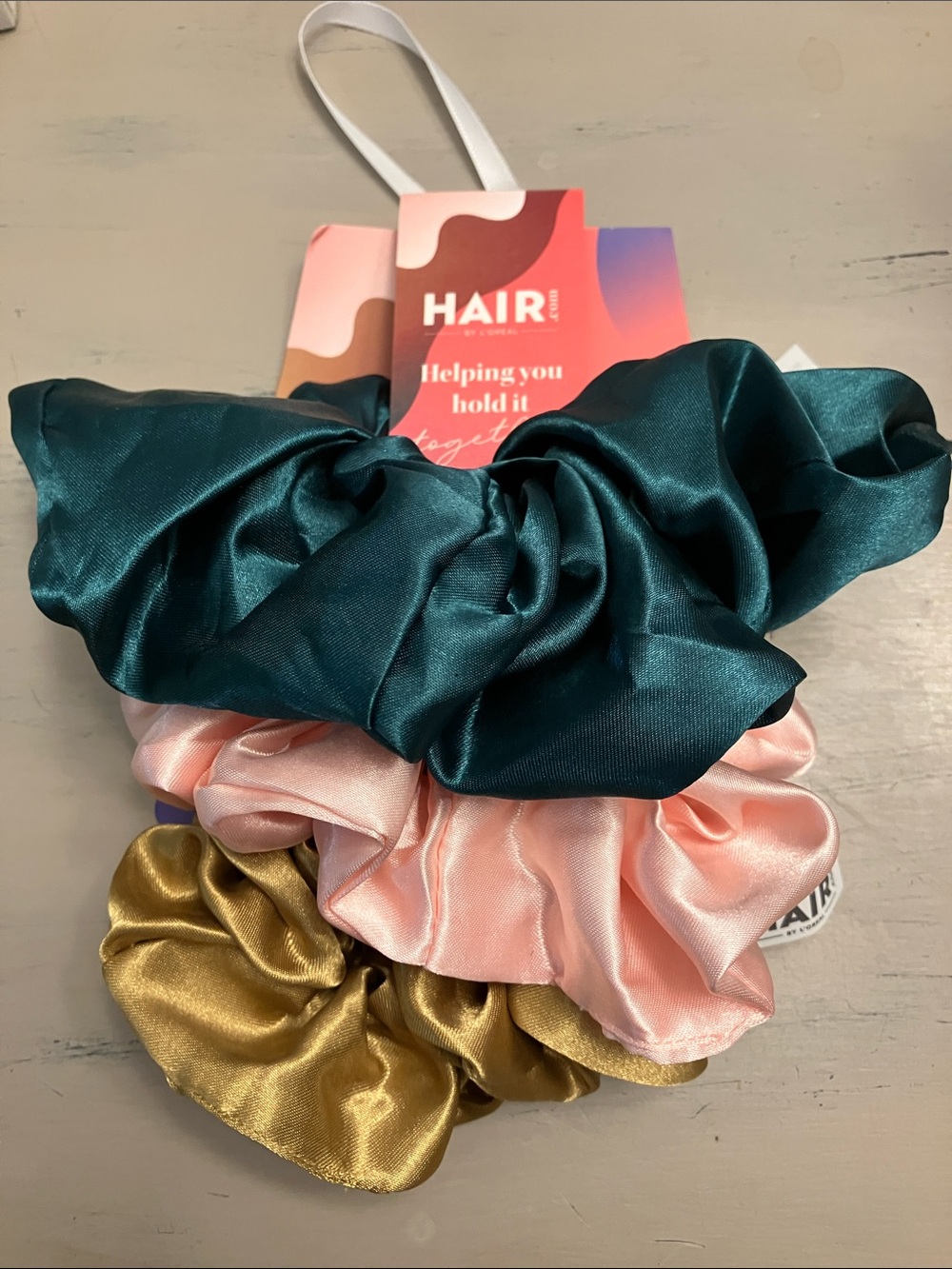 L'Oreal Satin Hair Scrunchie Set in Teal, Pink, Gold